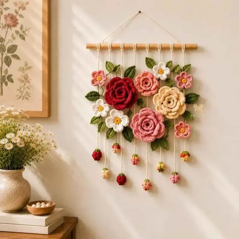 Crochet Flower Wall Hanging Lavender Daisy Sunflower Tulip Cherry Blossom Rose