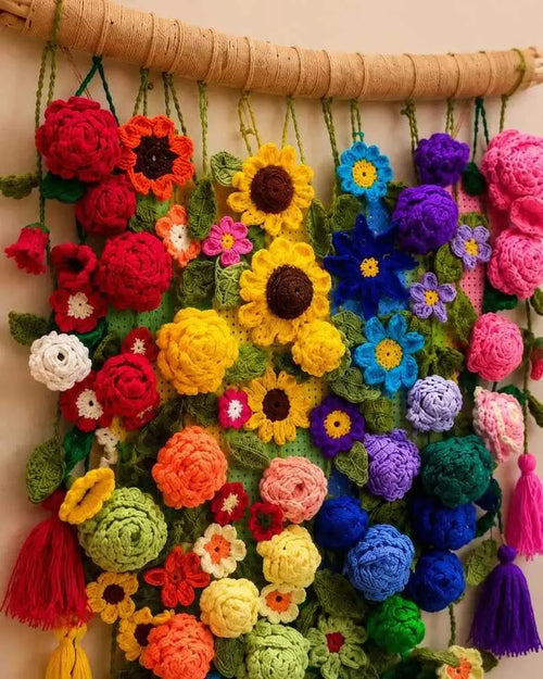 Crochet Flower Wall Hanging Lavender Daisy Sunflower Tulip Cherry Blossom Rose